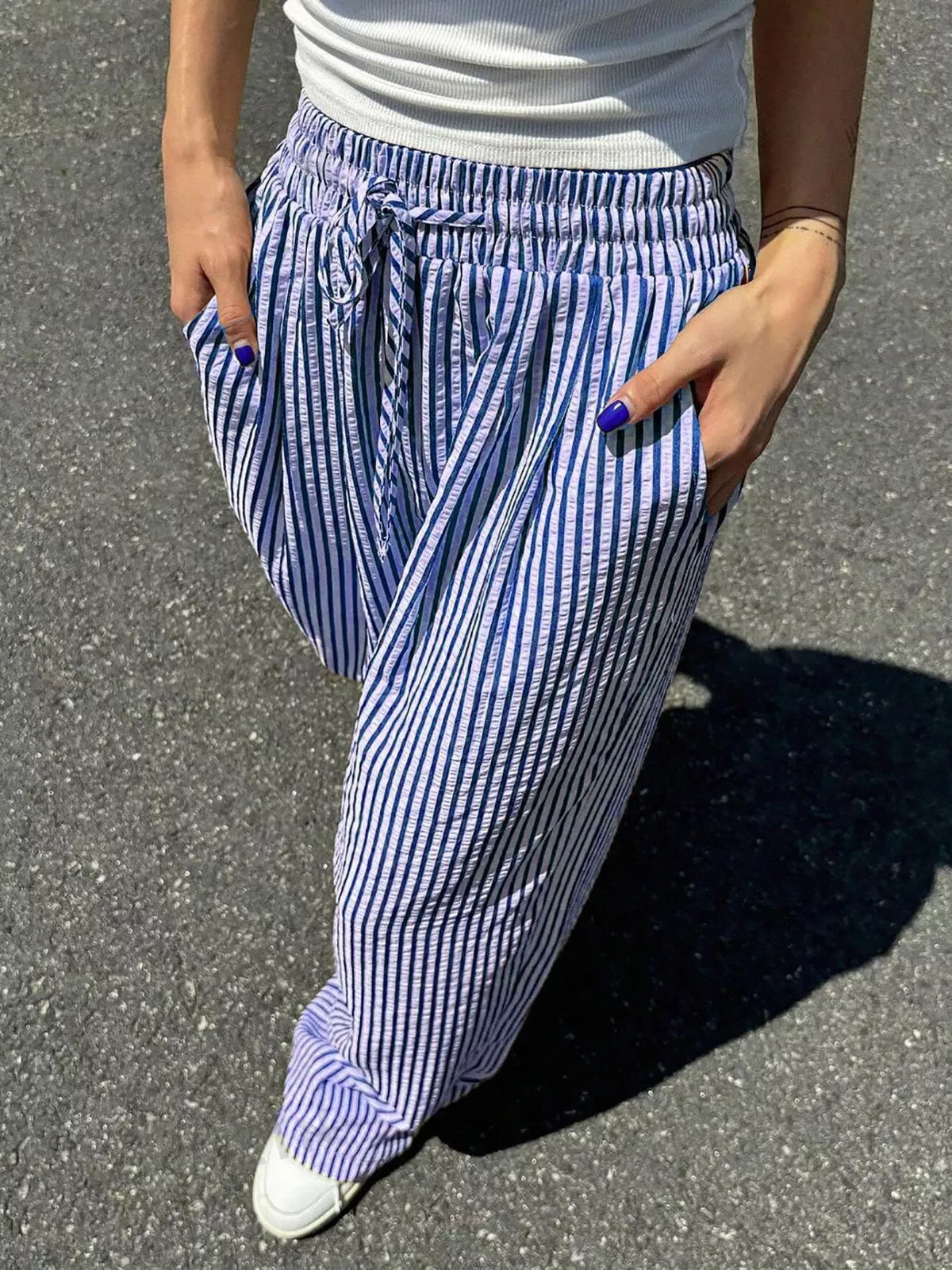 Striped Drawstring Wide Leg Pants