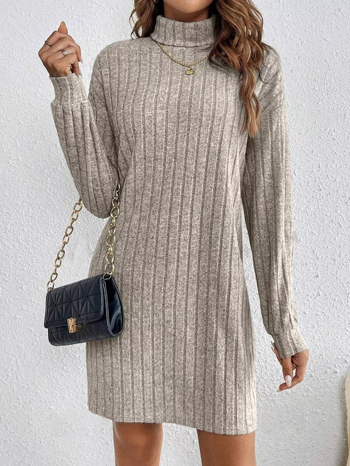 Turtleneck Ribbed Knit Dress in Mocha