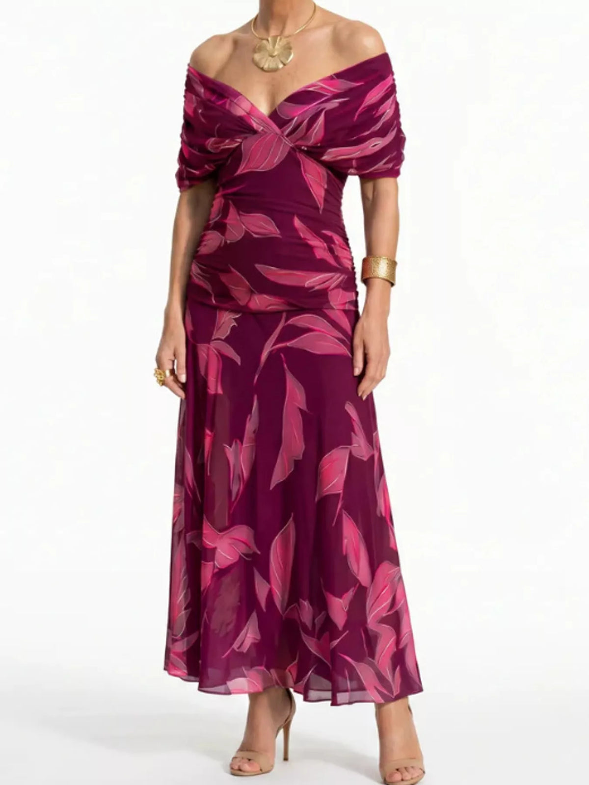 Off-Shoulder Mesh Ruched Maxi Dress, Plus Size