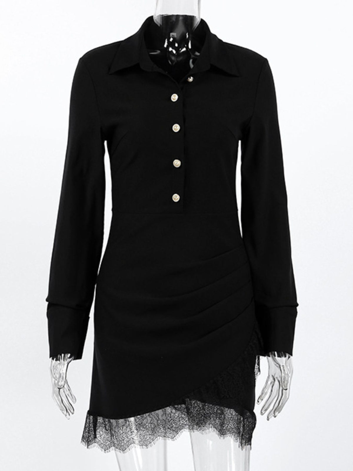 Lace Detail Button Front Long Sleeve Dress in Black