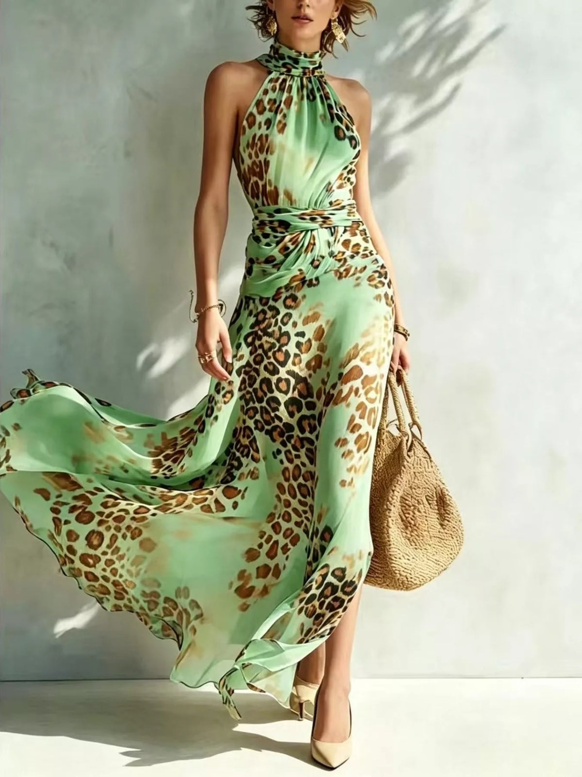Leopard Print Sleeveless Maxi Dress by Kaelinne