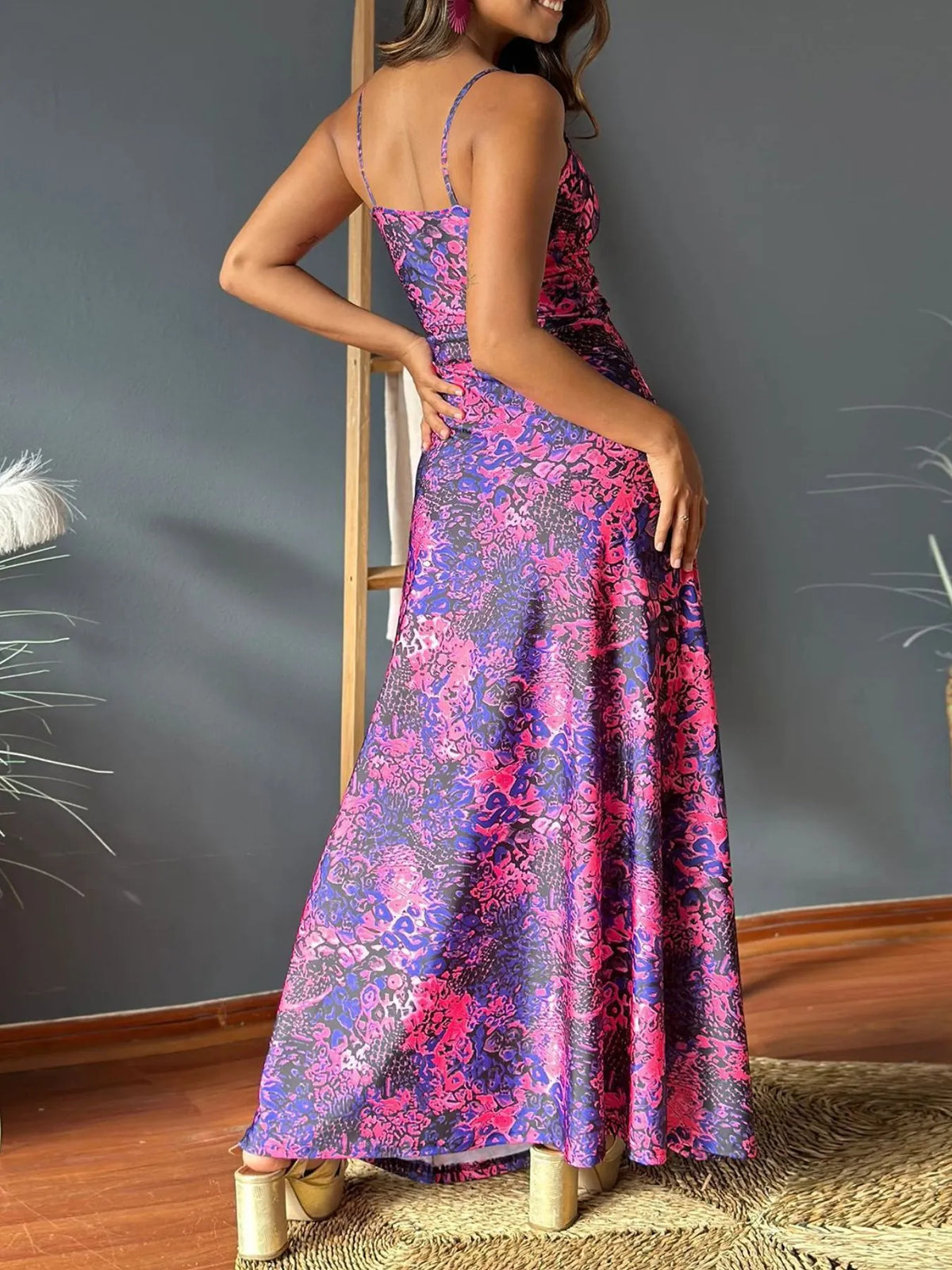 Twisted V-Neck Tropical Maxi Dress