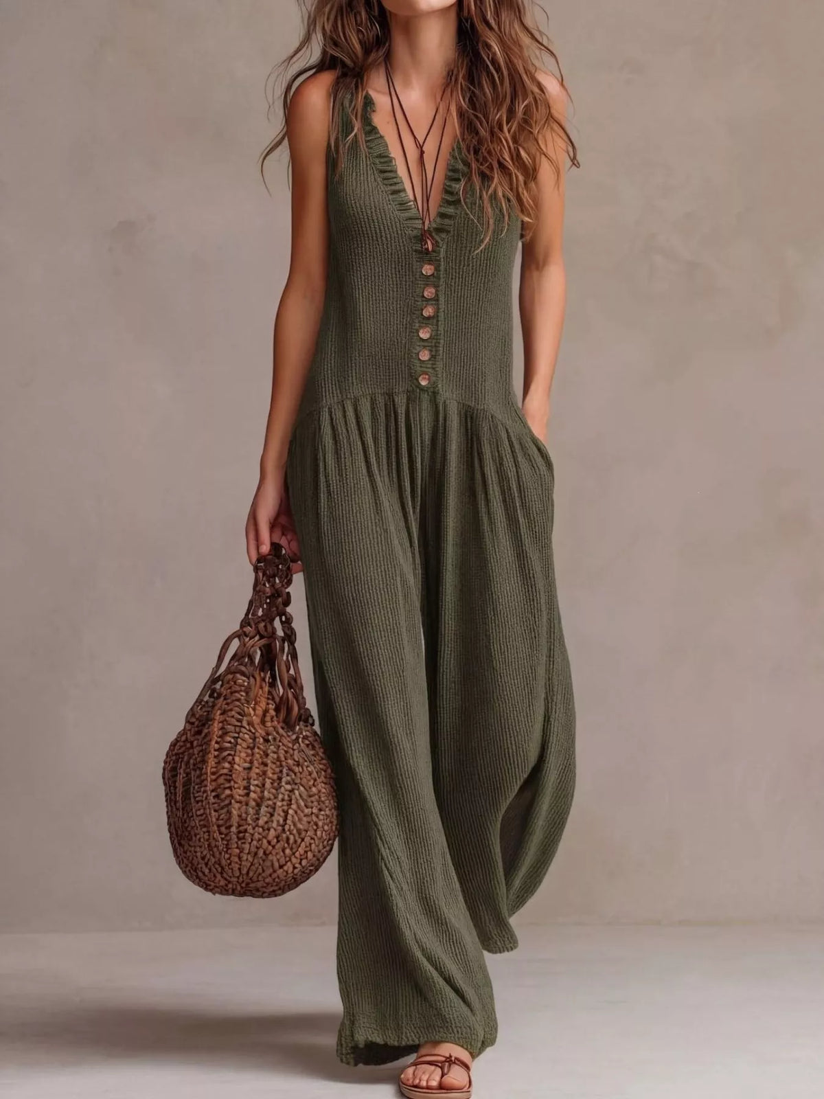 Ruched V-Neck Sleeveless Wide Leg Jumpsuit