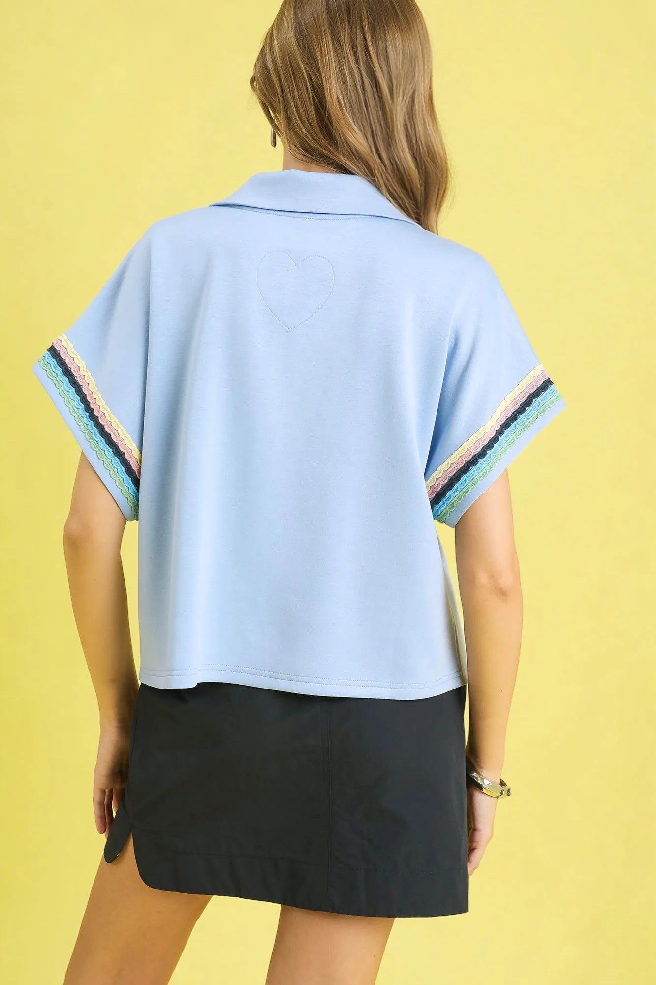 Umgee Contrast Trim Half-Zip Collared Blouse in Ice Blue