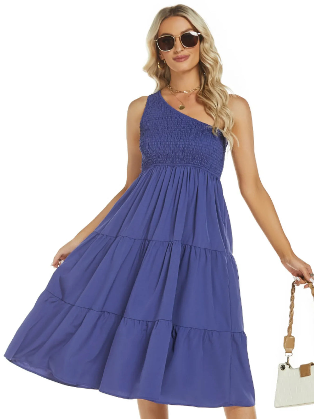 One-Shoulder Smocked Tiered Midi Dress by ArtisticExpression