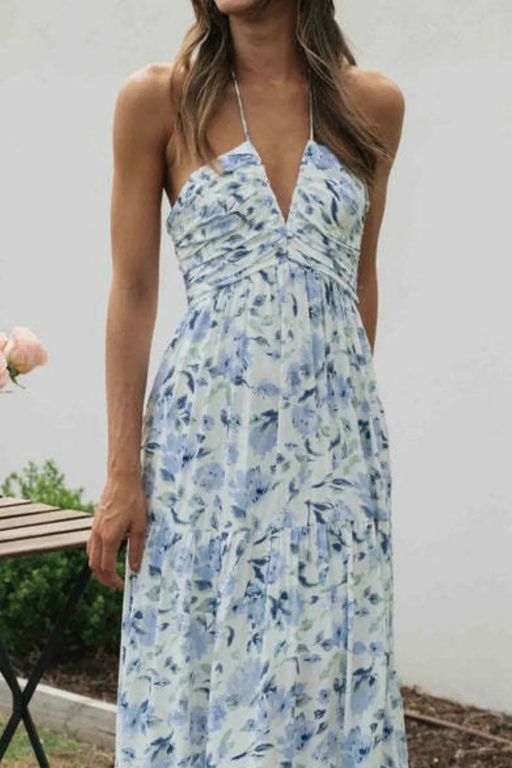 Floral Halter Tiered Maxi Dress in Watermelon Pink