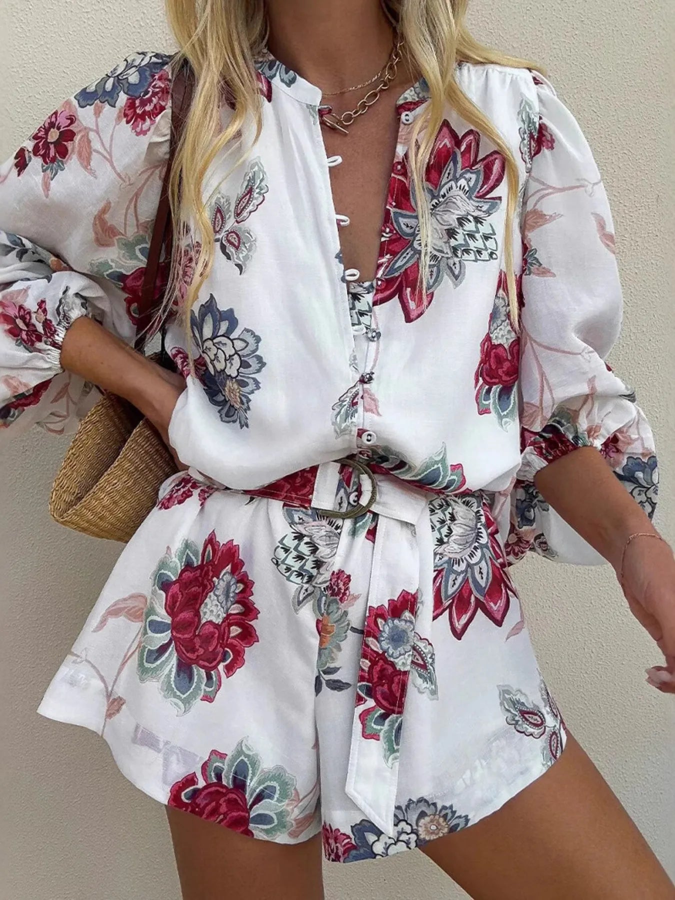 Floral Print Long-Sleeve Romper in White