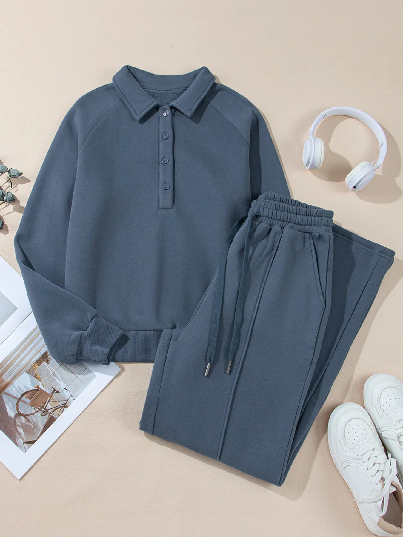 Collared Sweatshirt and High-Waist Pants Active Set