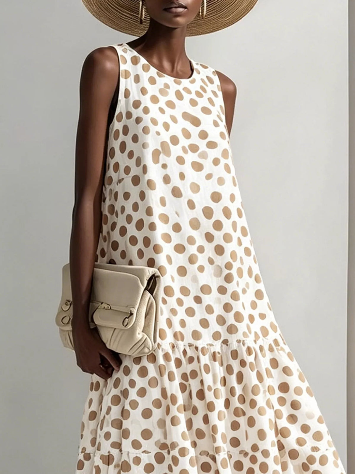 Polka Dot Tiered Maxi Dress in Beige