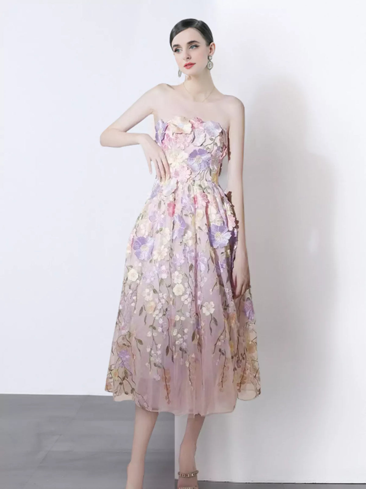Strapless Floral Applique Midi Dress with Lace Detail
