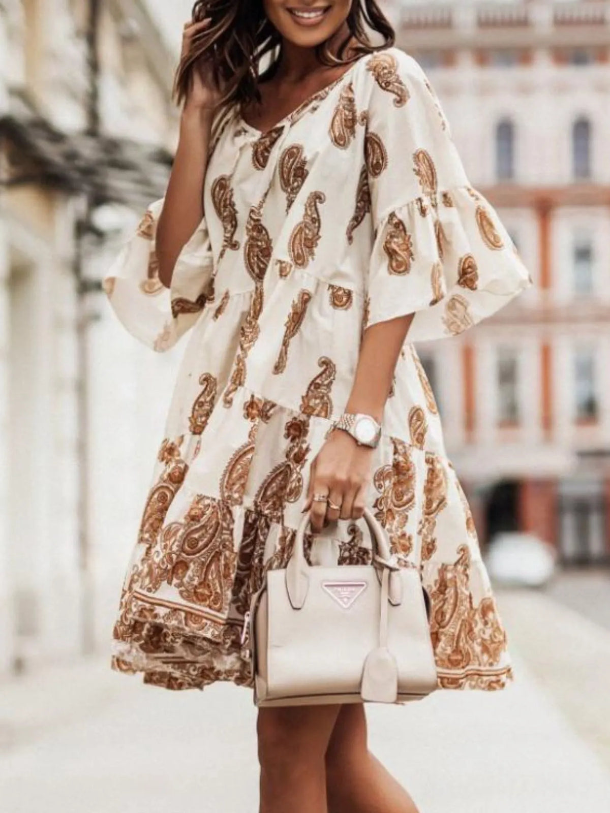 Paisley Tie-Neck Ruffled Half Sleeve Mini Dress