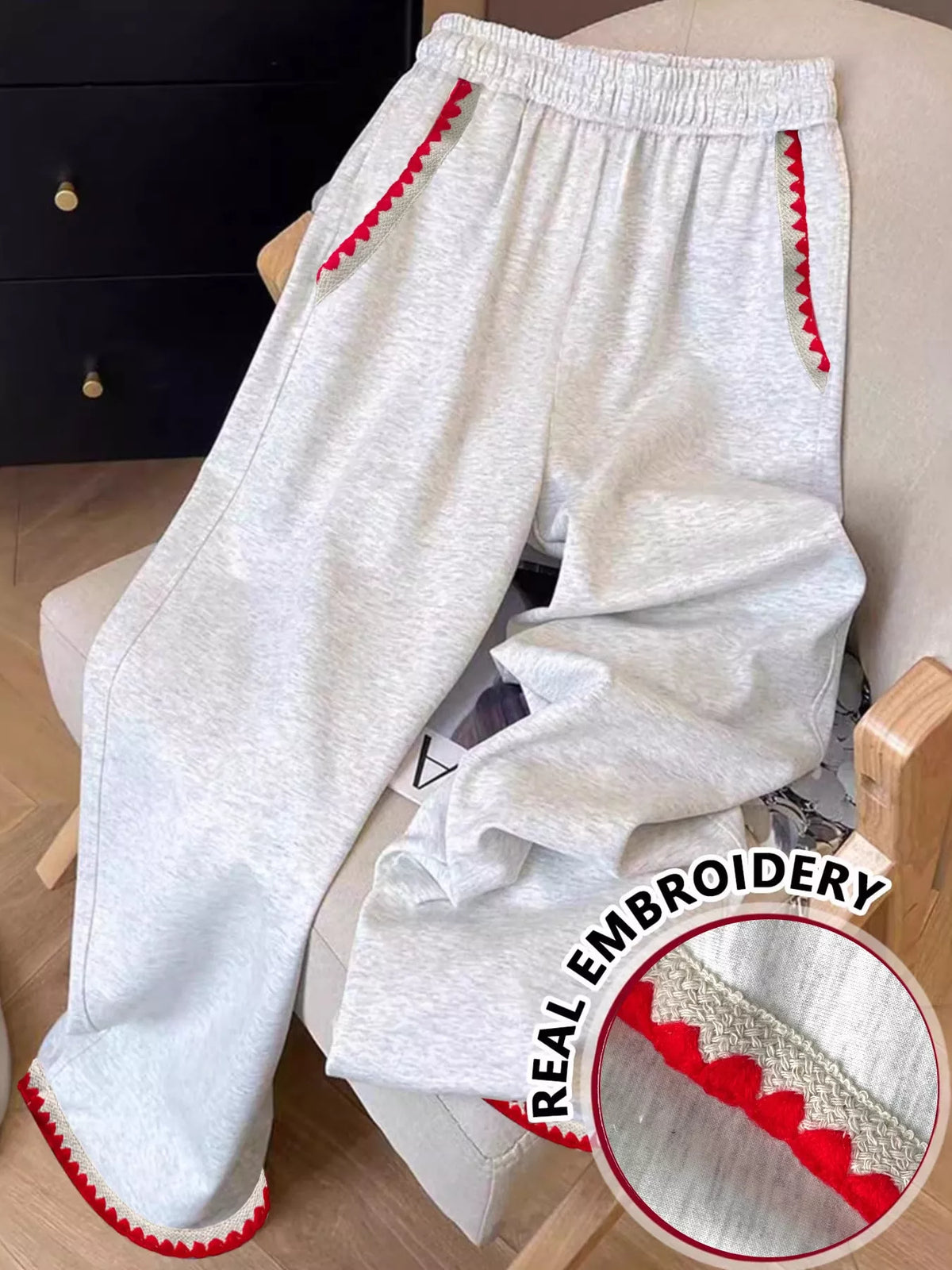 Embroidered Trim Pants in Gray and White in Gray/white