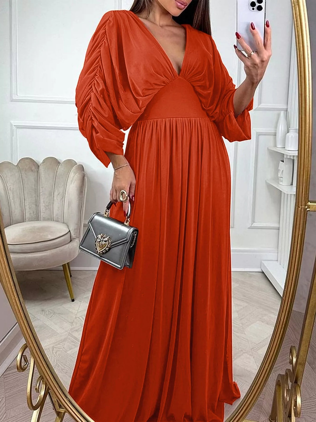 Smocked Ruched Sleeve Maxi Dress in Orange-Red
