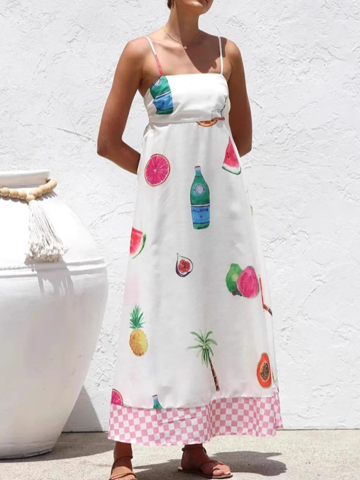 Printed Square Neck Maxi Cami Dress in White