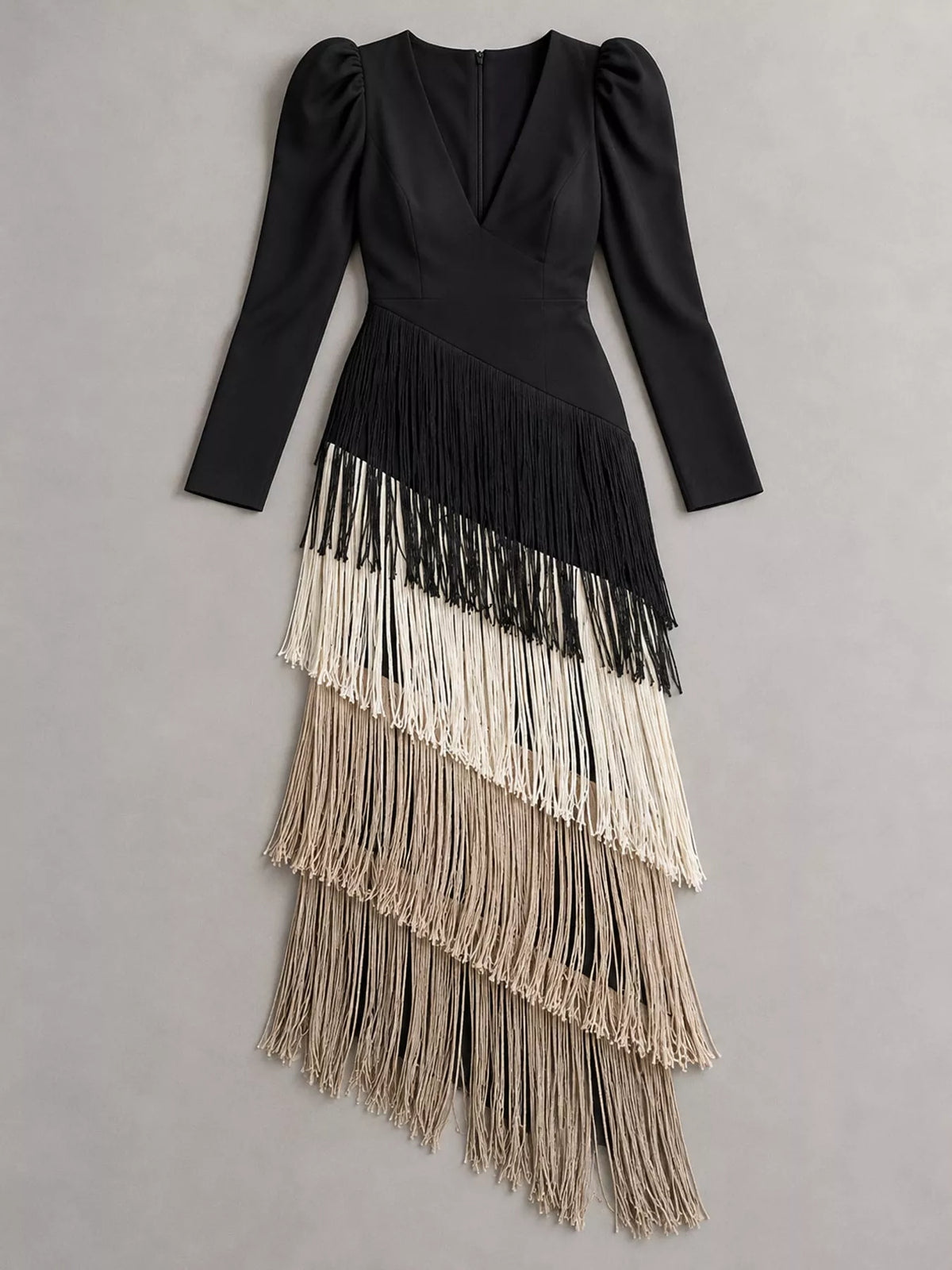 Fringed V-Neck Puff Sleeve Maxi Dress