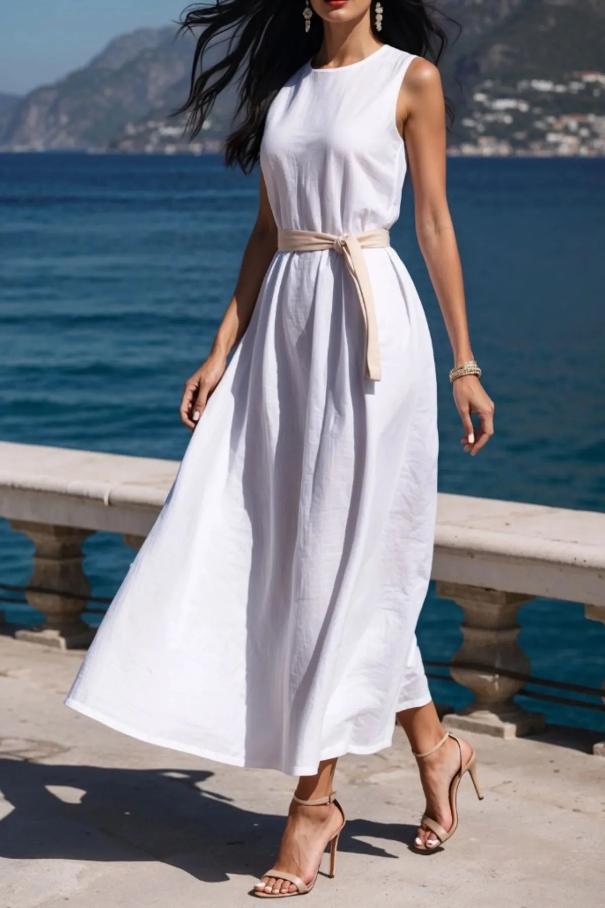Round Neck Sleeveless Midi Dress in White
