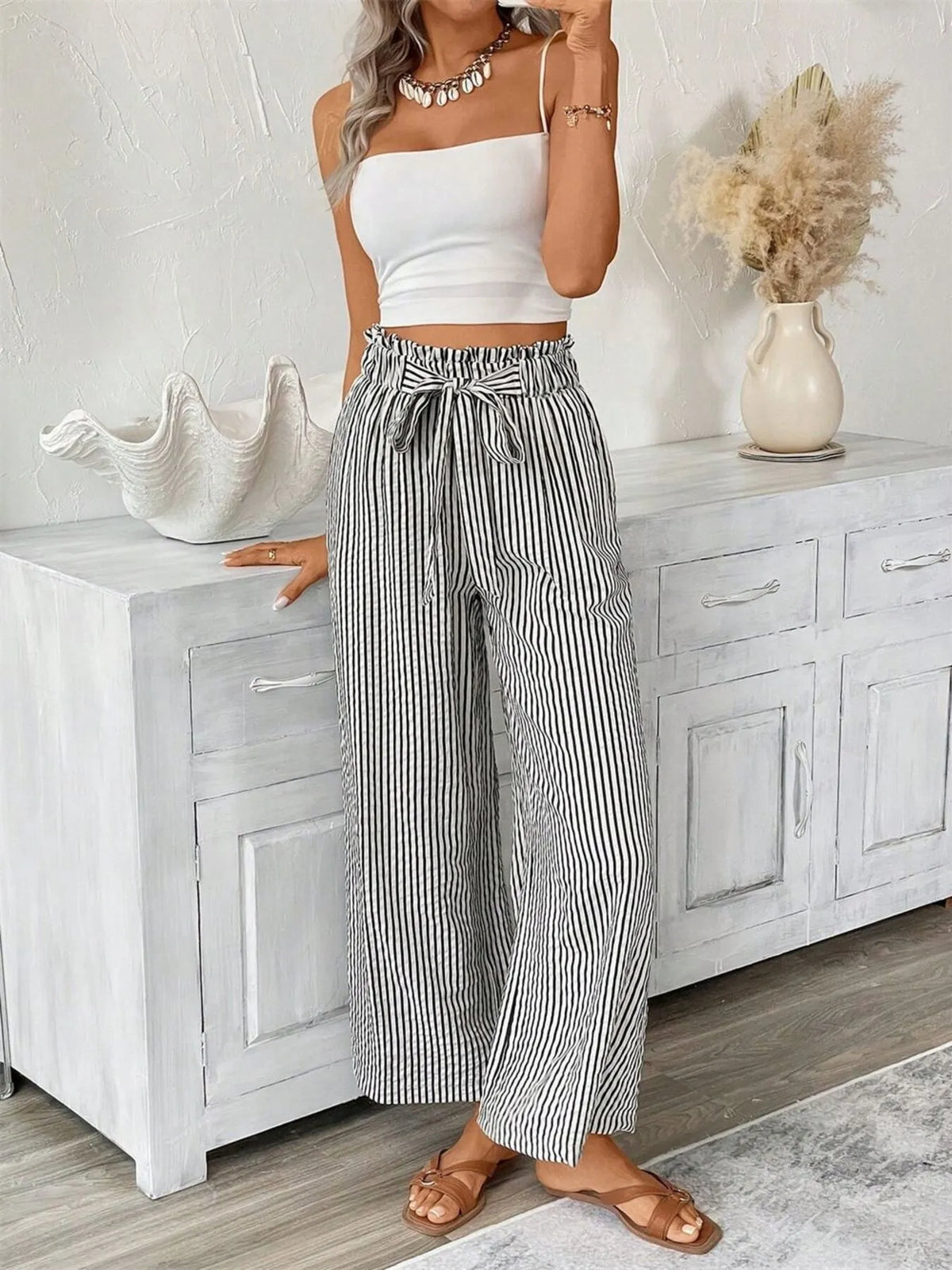 Striped Wide Leg Paper Bag Pants