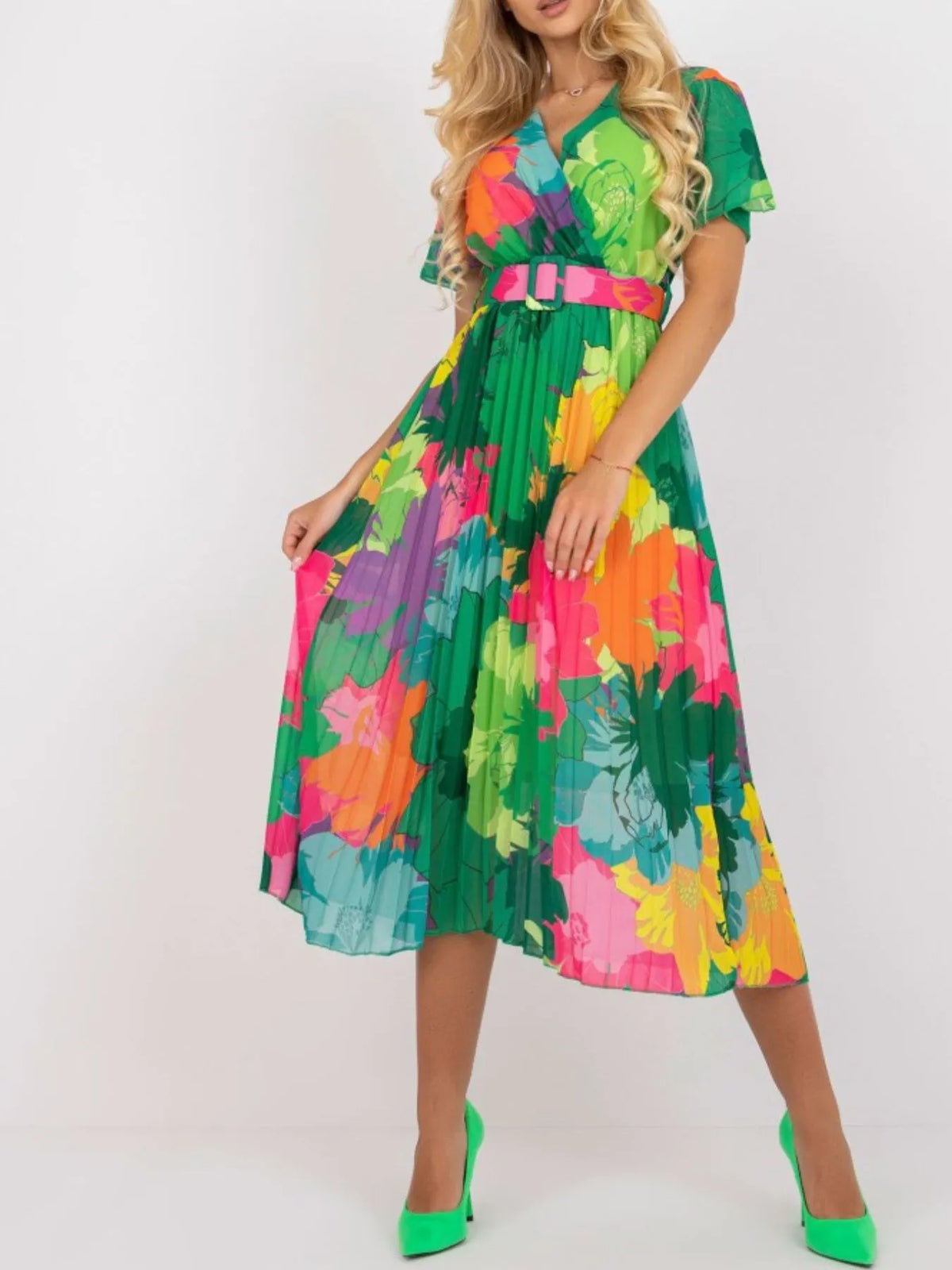 Printed Pleated Midi Wrap Dress