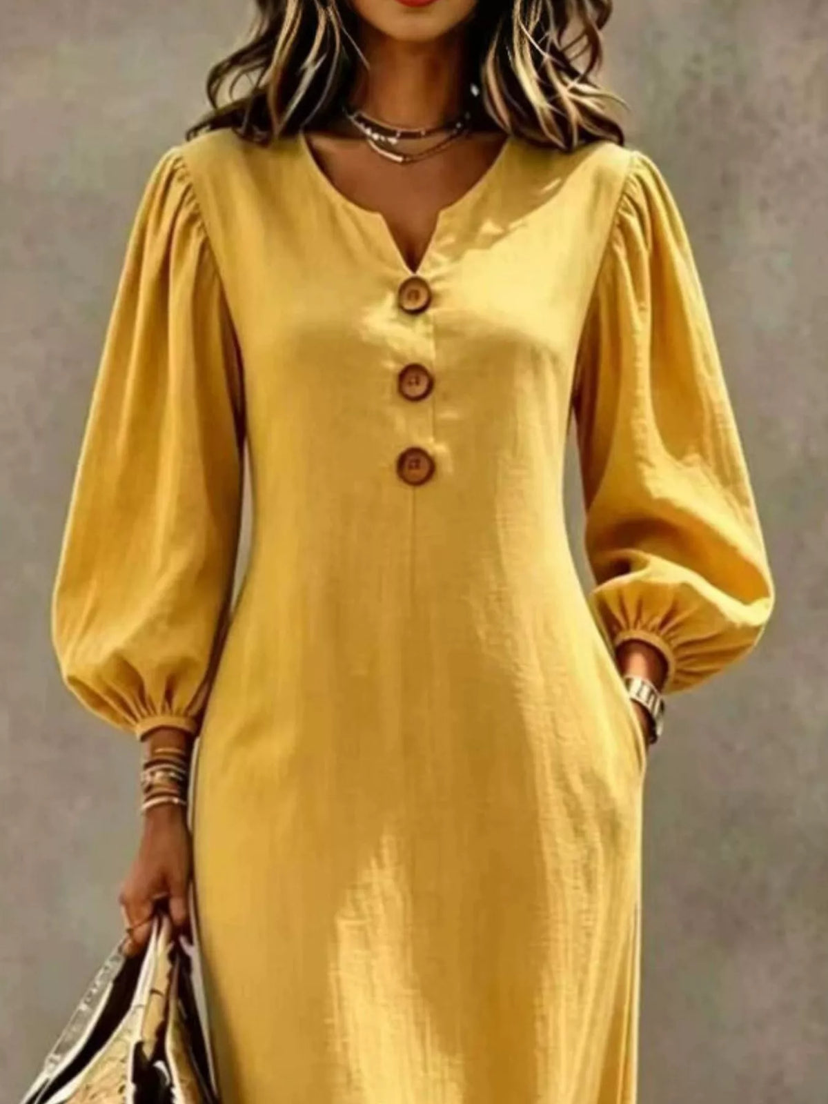 Button Balloon Sleeve Maxi Dress
