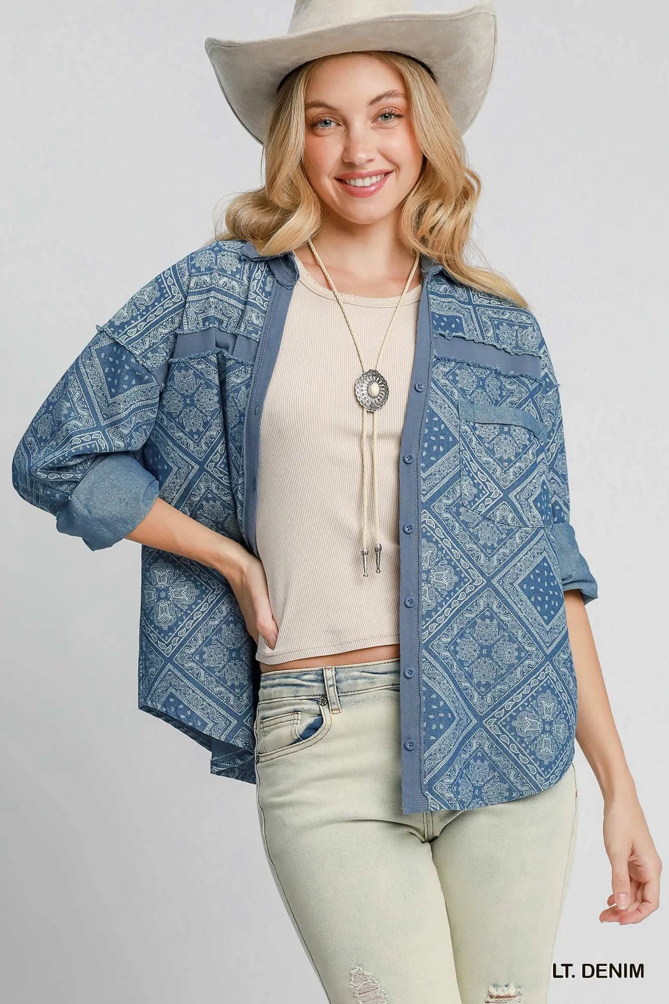 Umgee Patchwork Denim Jacket in Light Denim in Lt. denim