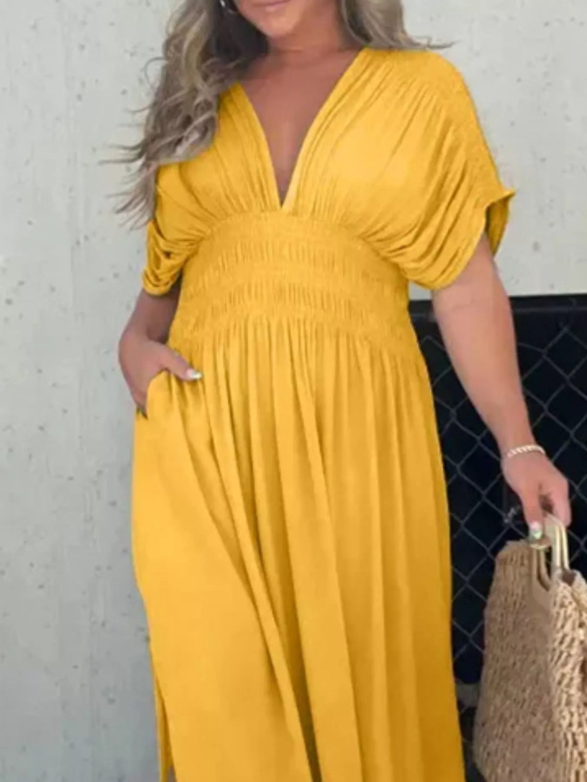 Smocked Waist V-Neck Slit Maxi Dress