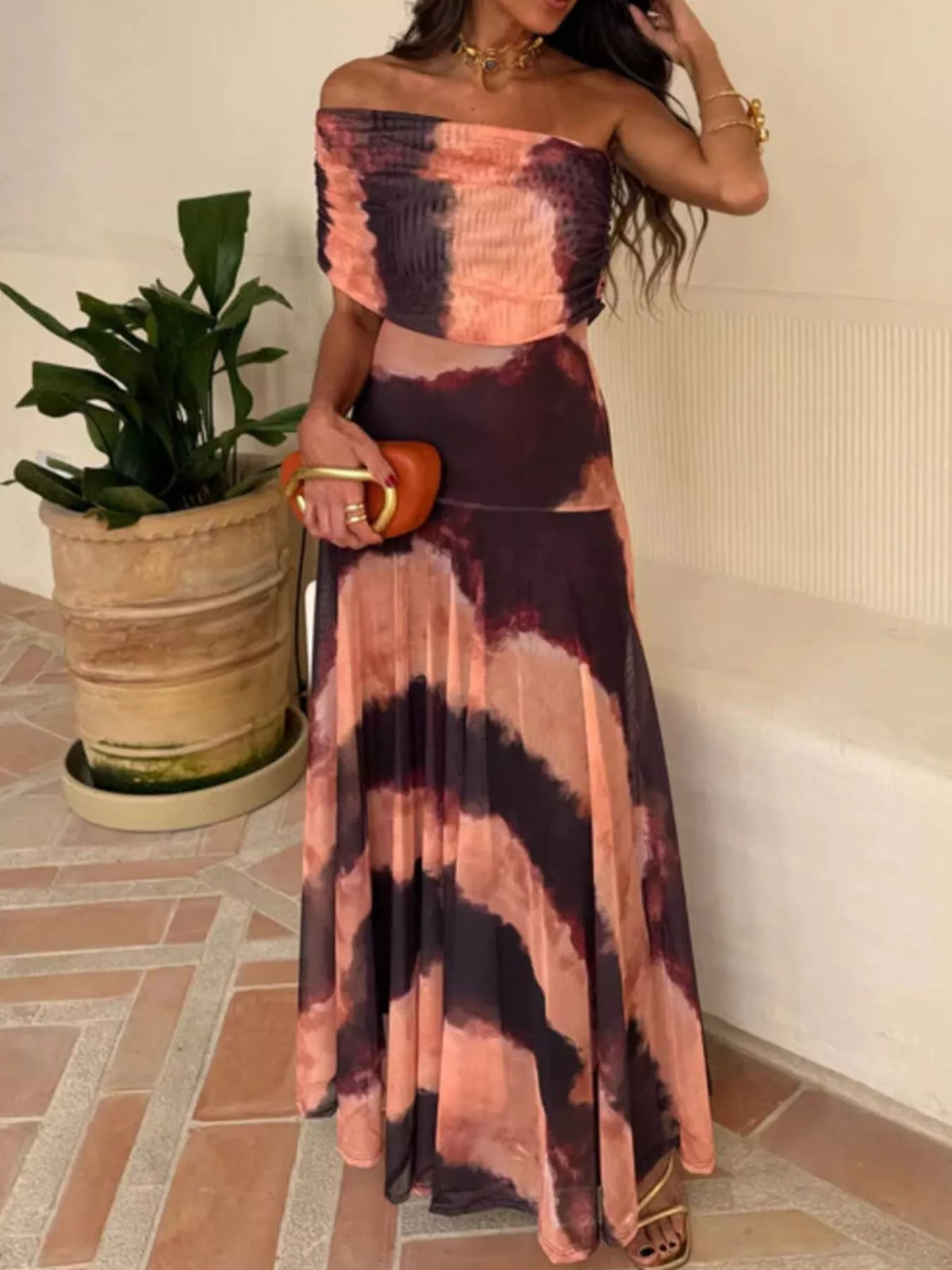 Printed Short-Sleeve Mesh Maxi Dress