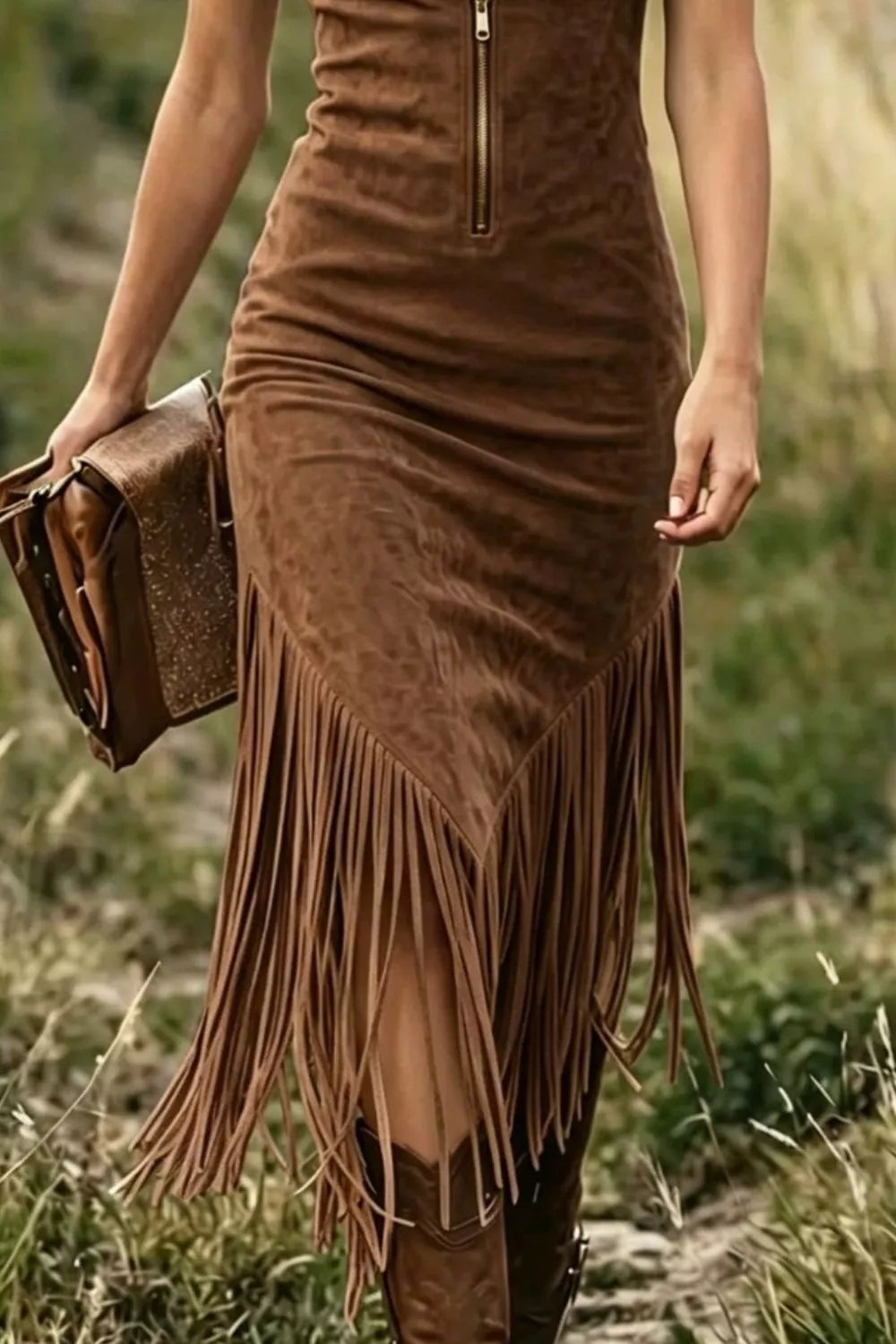 Fringe Zip-Front Sleeveless Dress