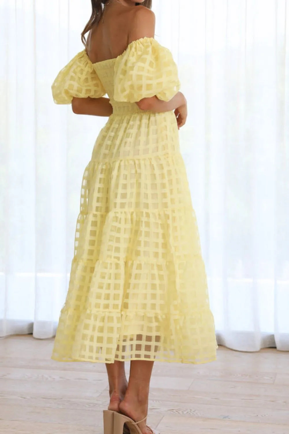 Off Shoulder Puff Sleeve Midi Dress