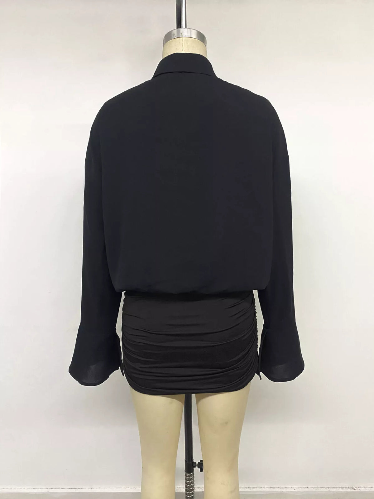 Button-Front Flounce-Sleeve Shirt Dress in Black