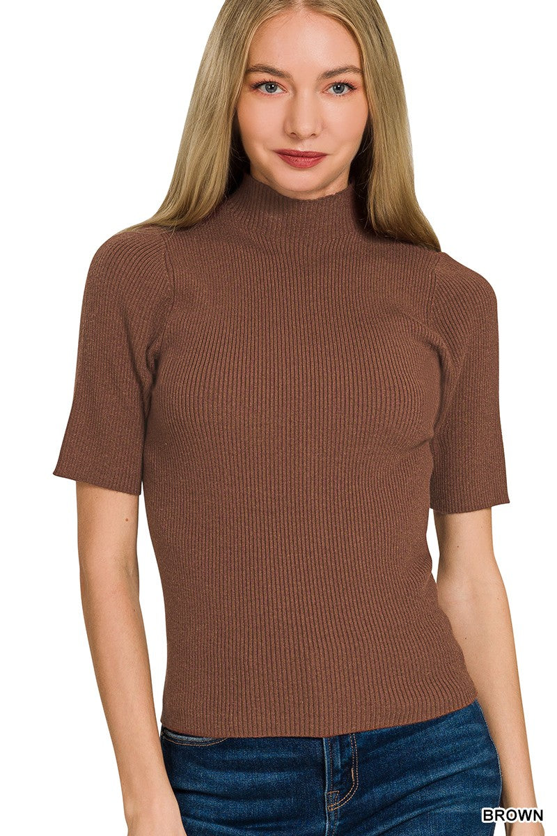 Zenana Ribbed Mock Neck Sweater in Brown