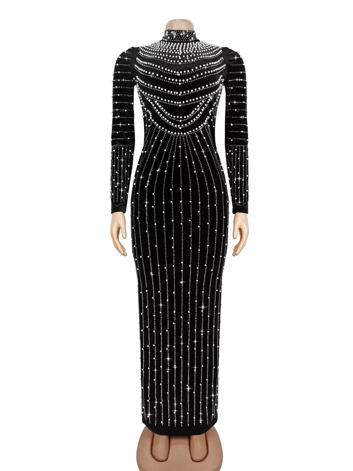 Rhinestone Mock Neck Long Sleeve Maxi Dress