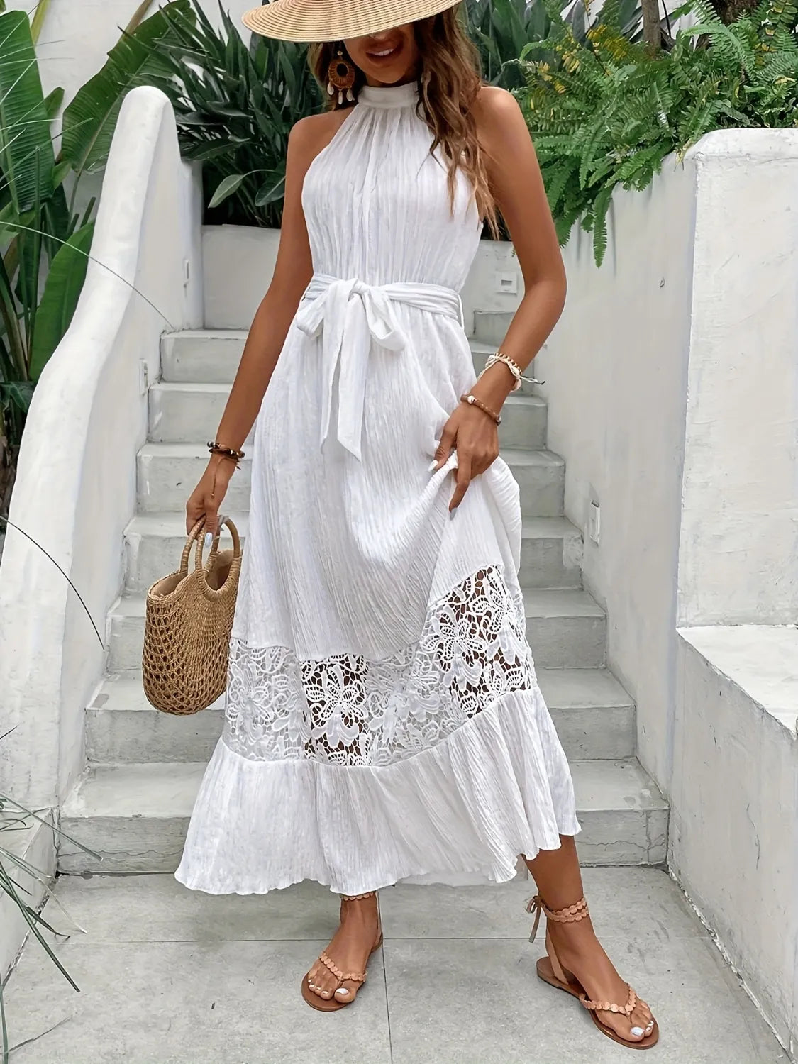 Lace Detail Belted Maxi Cami Dress in White by Macido