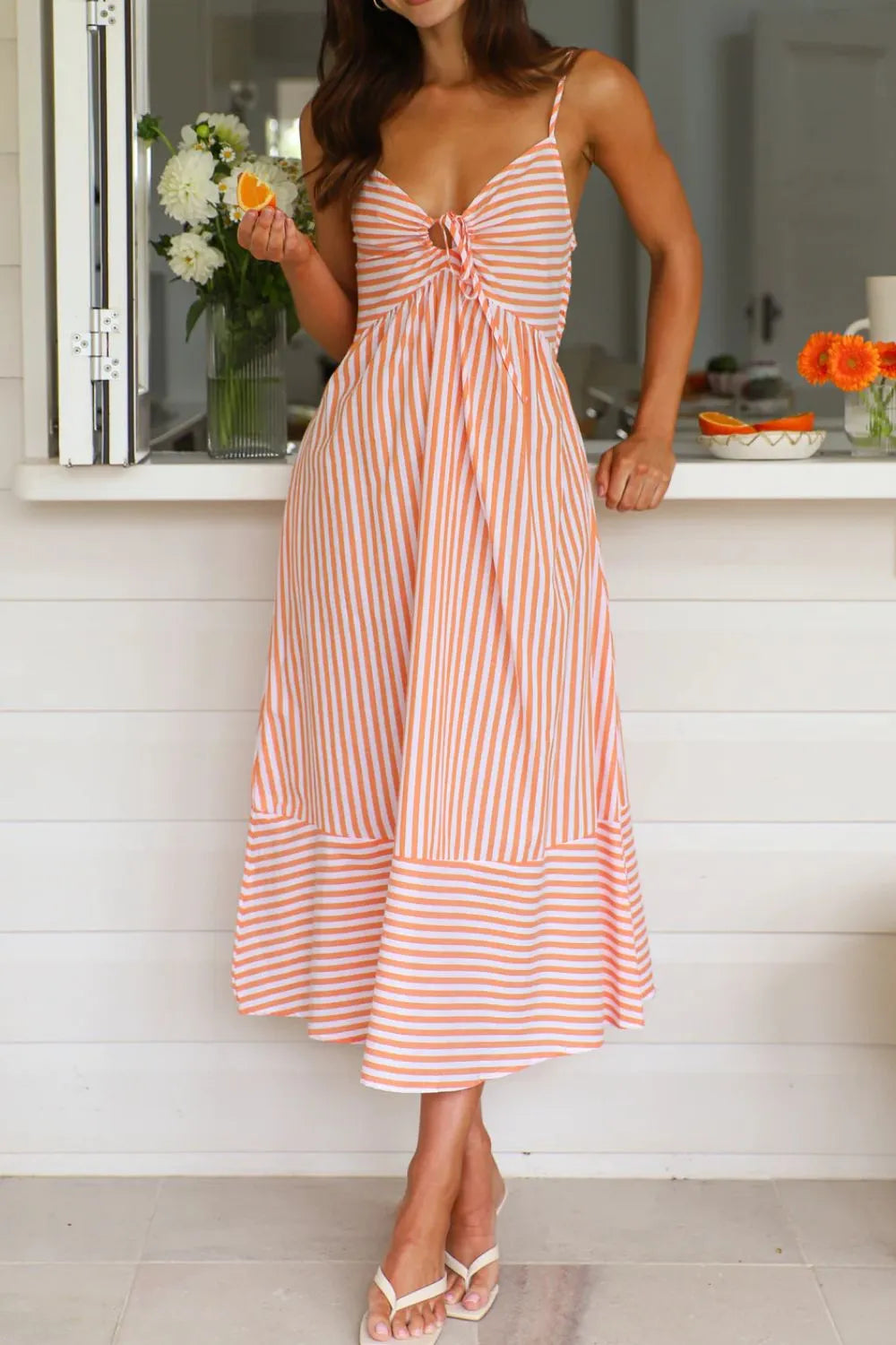 Striped Smocked-Back Midi Dress