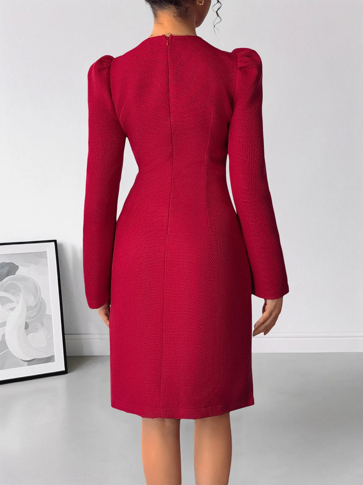 Pearl Trim V-Neck Long Sleeve Bodycon Dress in Red