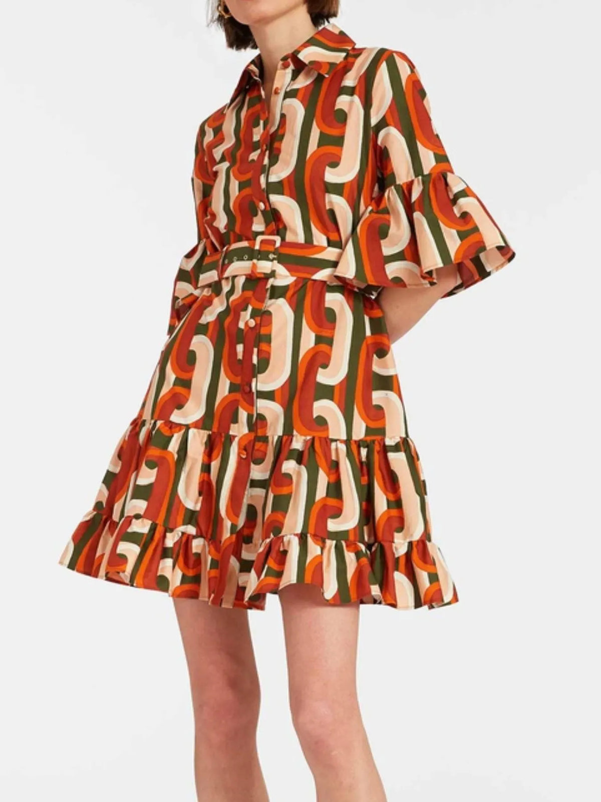 Buttoned Floral Ruffle-Sleeve Mini Dress by Rosaline