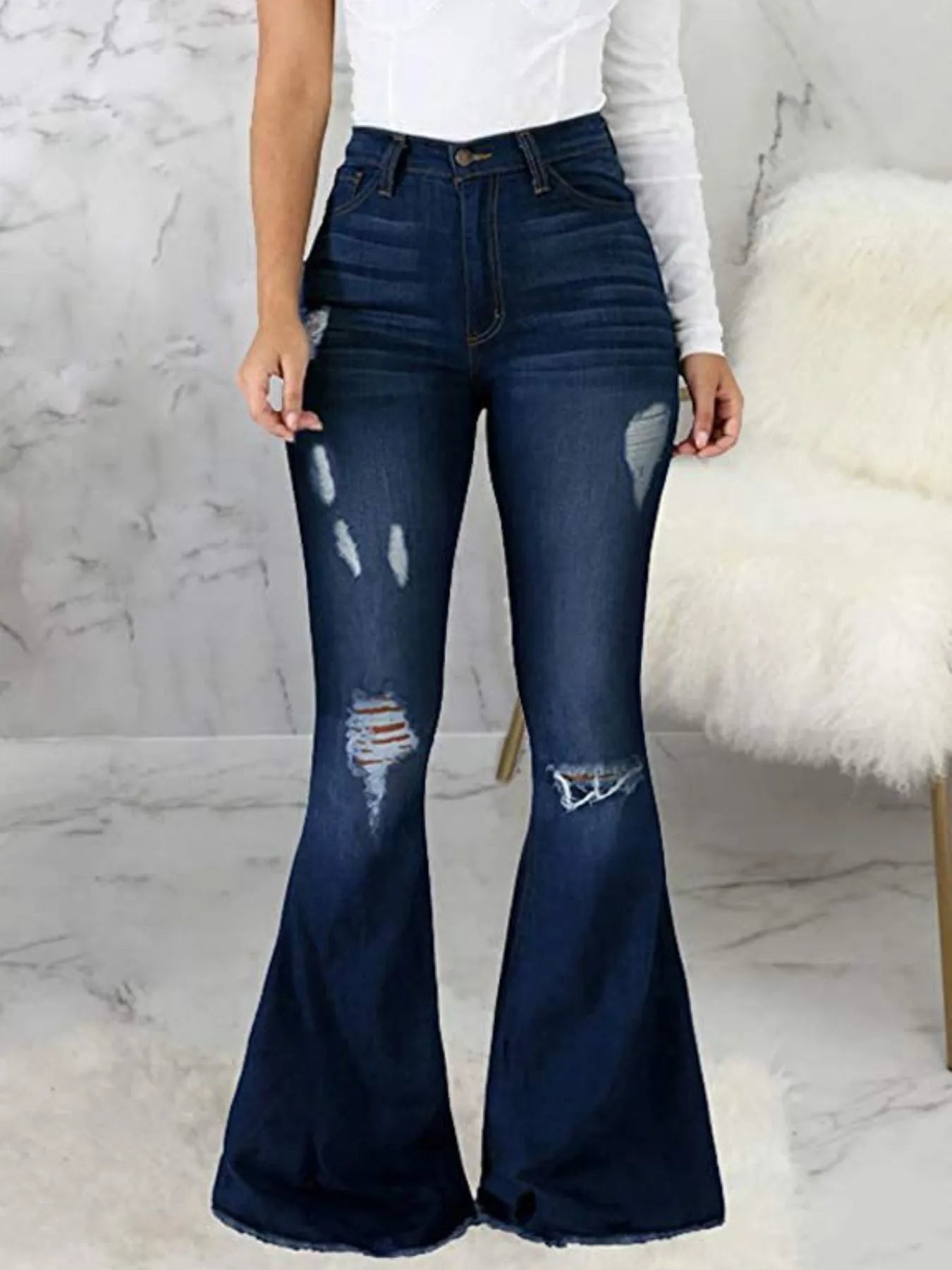 Distressed Raw Hem Flare Jeans