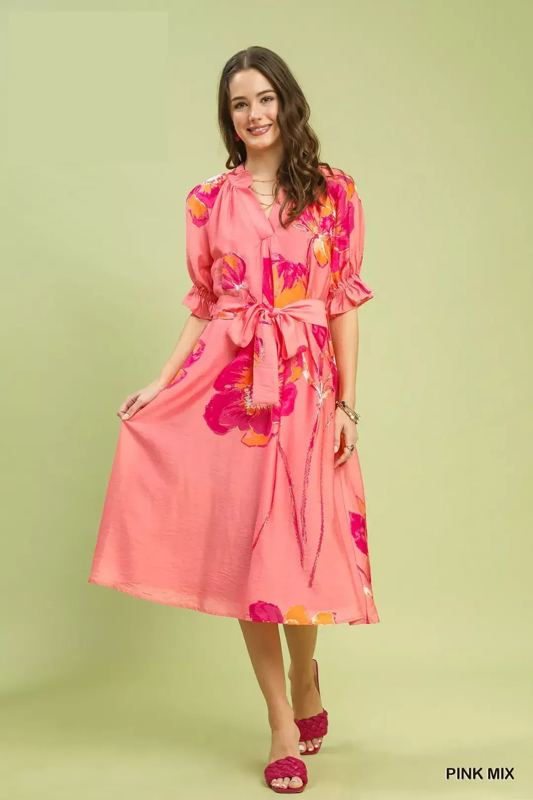 Umgee Belted Floral Flounce Sleeve Midi Dress in Pink Mix in Pinkmix