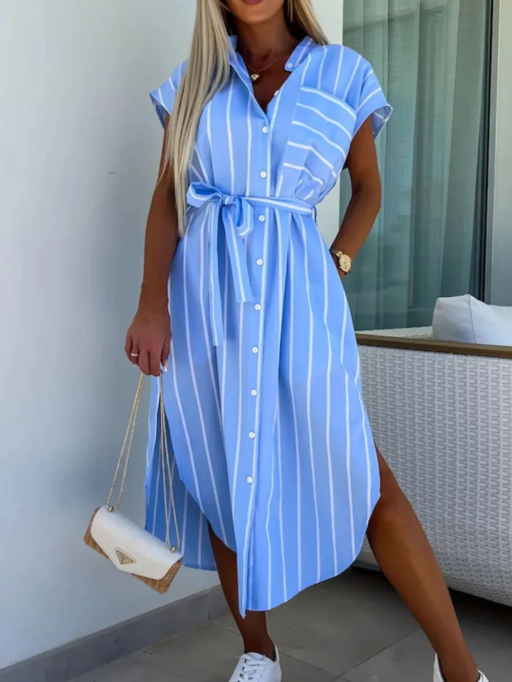 Striped Tie Waist Short Sleeve Dress