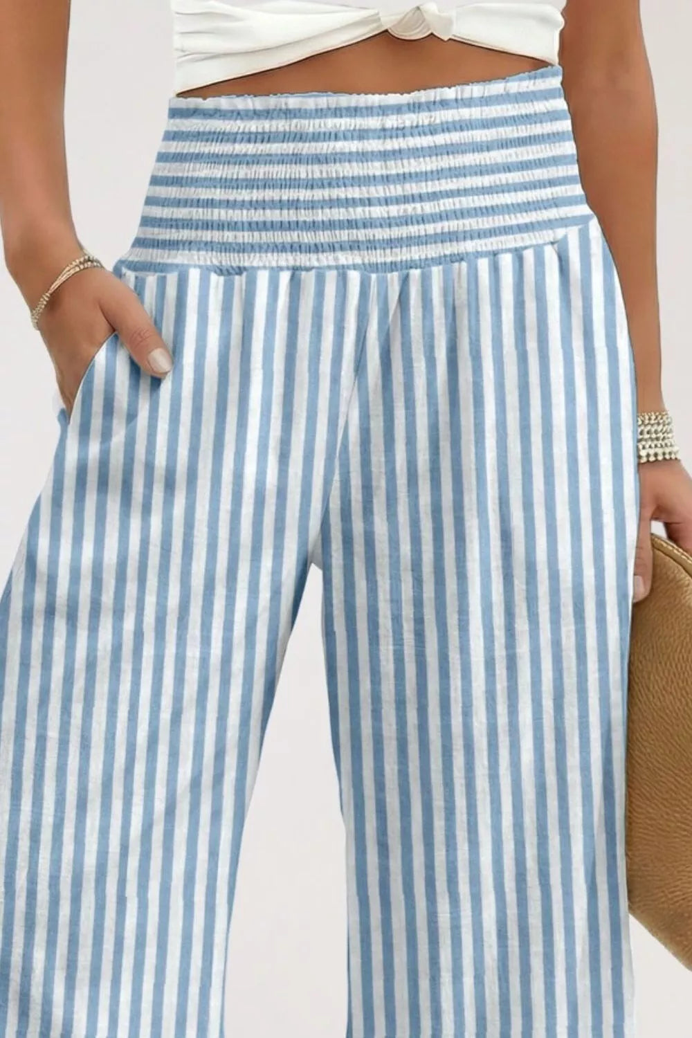 Striped Smocked Waist Wide-Leg Pants in Light Blue