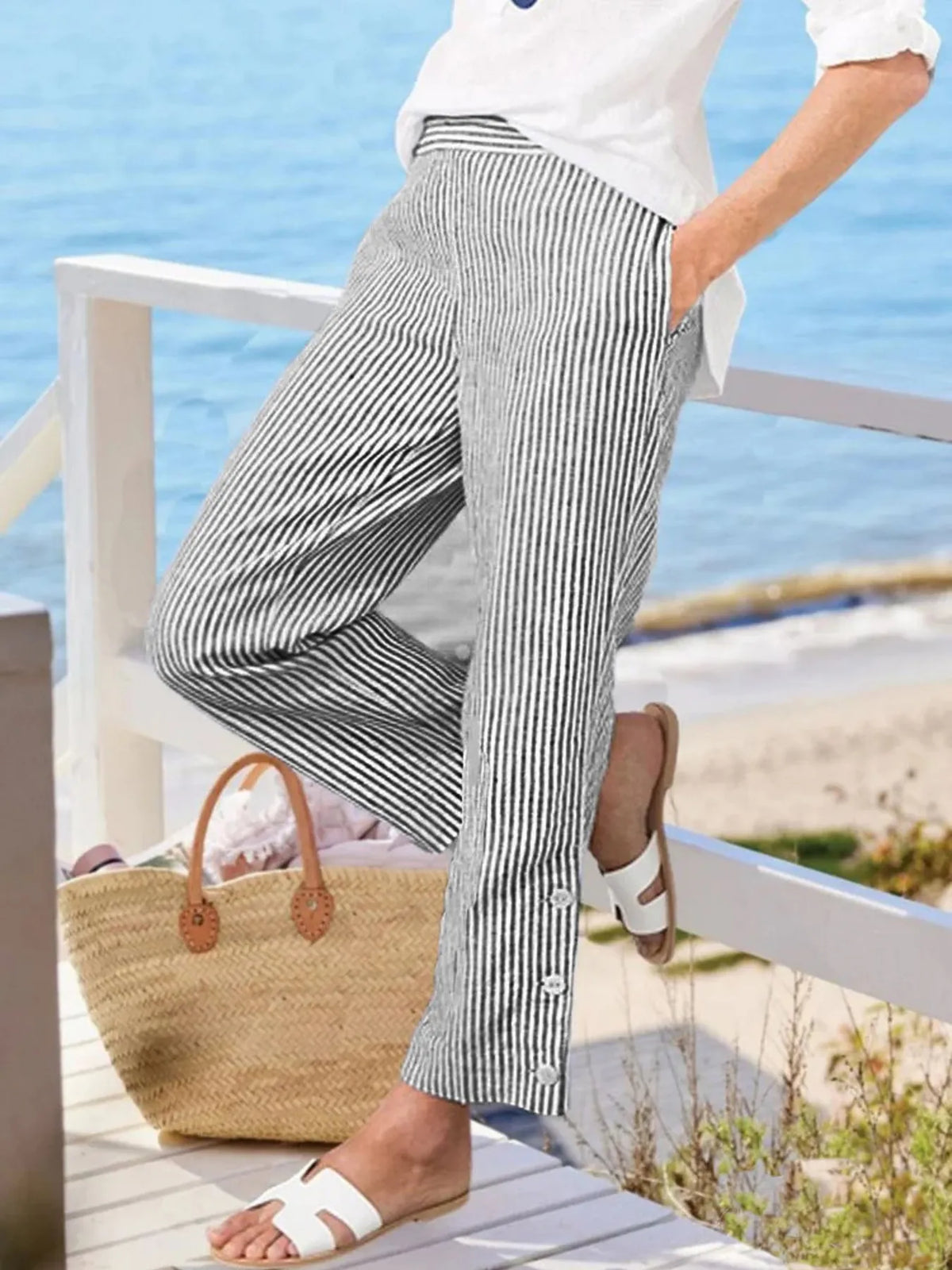 Striped Side-Button Detail Pants