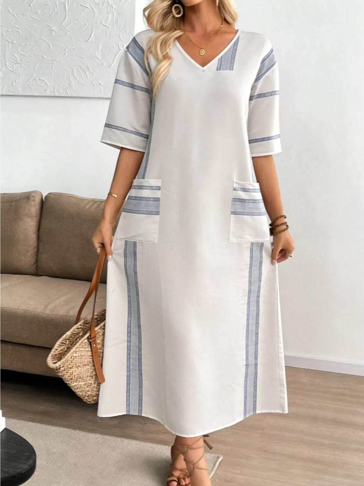 Striped V-Neck Maxi Dress in White