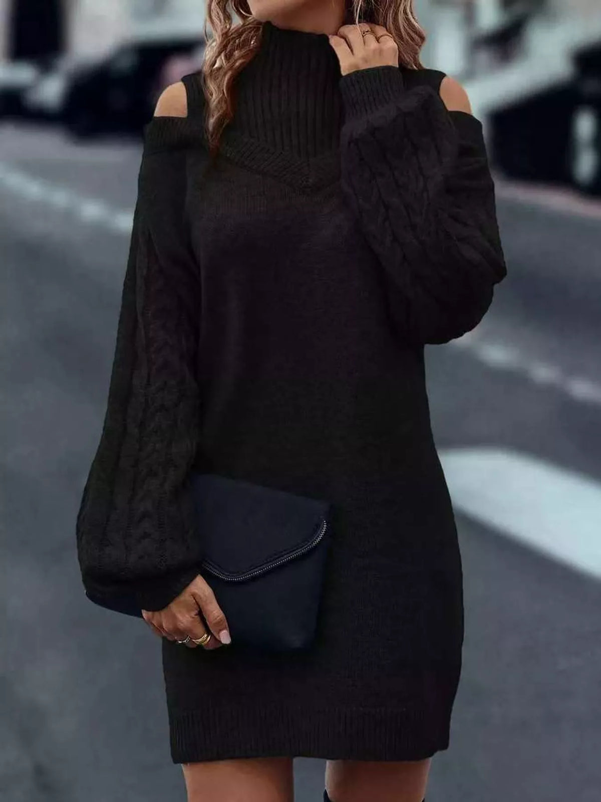 Cable-Knit Cold-Shoulder Mock-Neck Sweater Dress