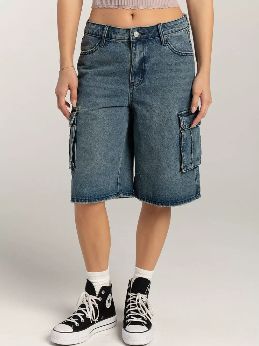 Mid-Rise Button-Front Denim Shorts by Y.Y@Denim