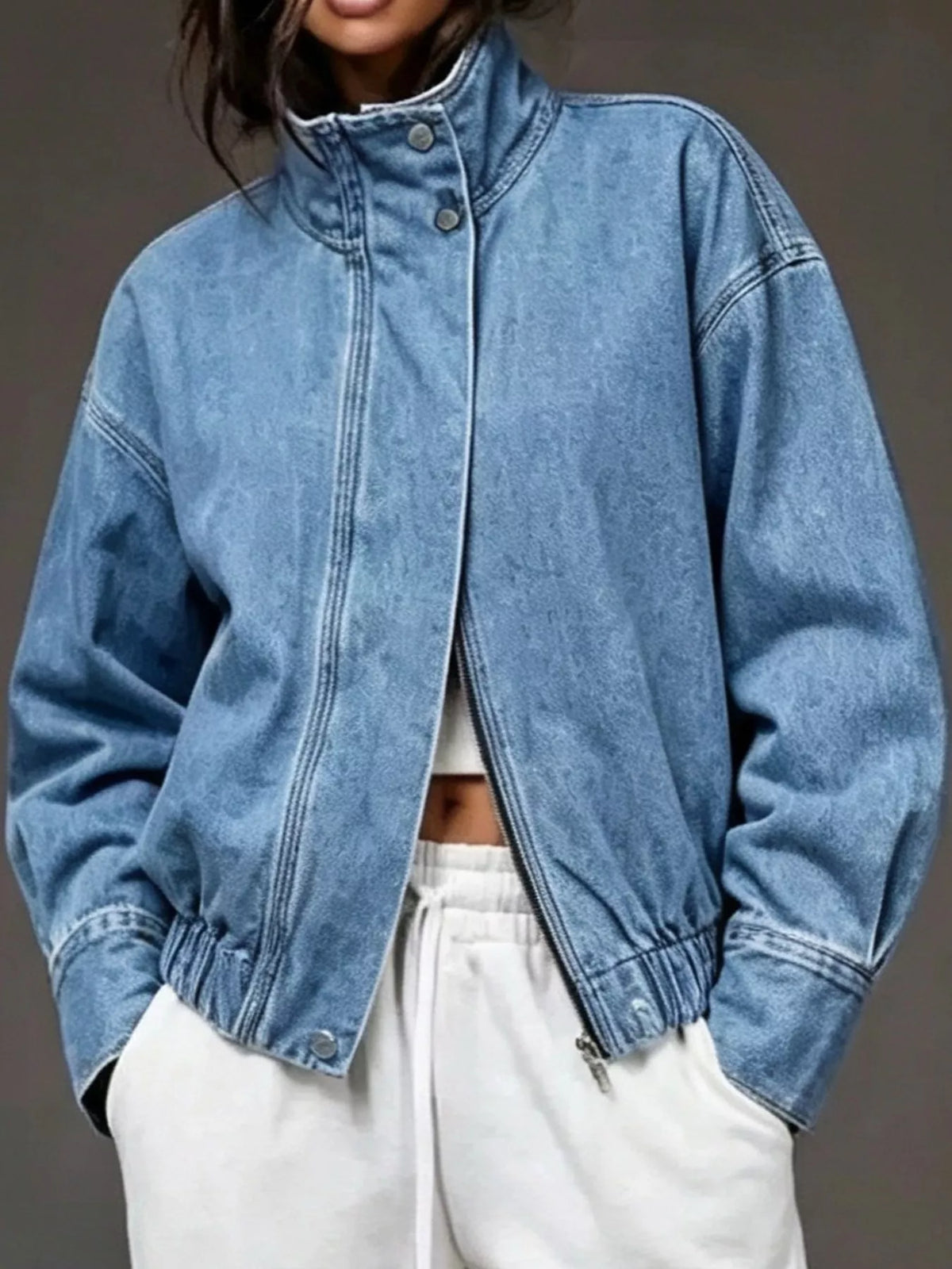 Stand-Collar Zip-Up Denim Jacket