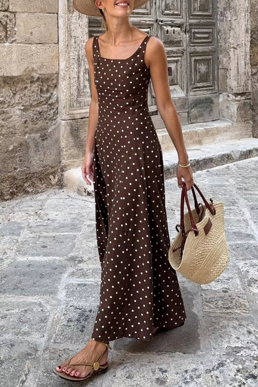 Polka Dot Square Neck Maxi Dress in Coffee Brown