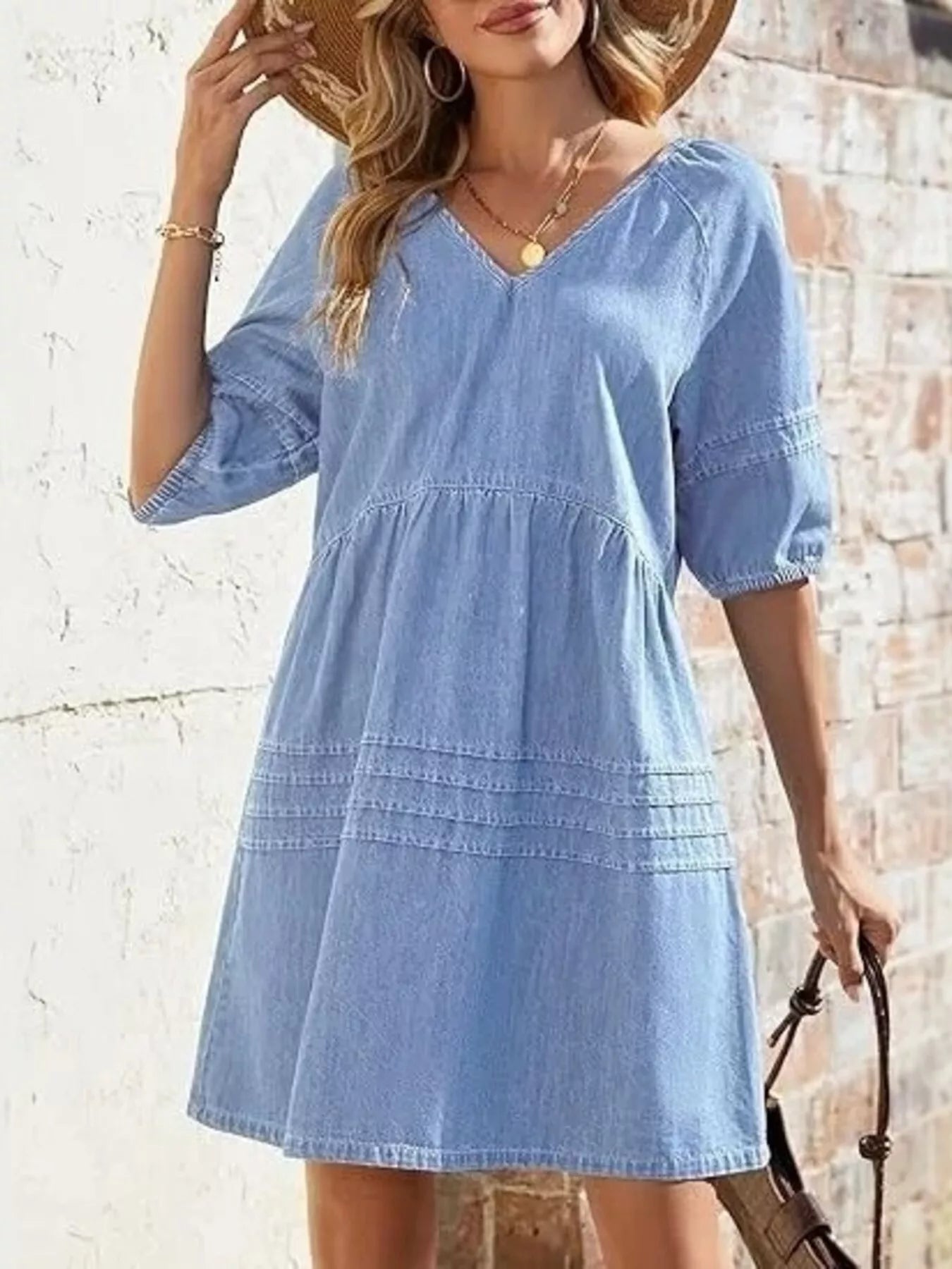 V-Neck Puff Sleeve Denim Mini Dress