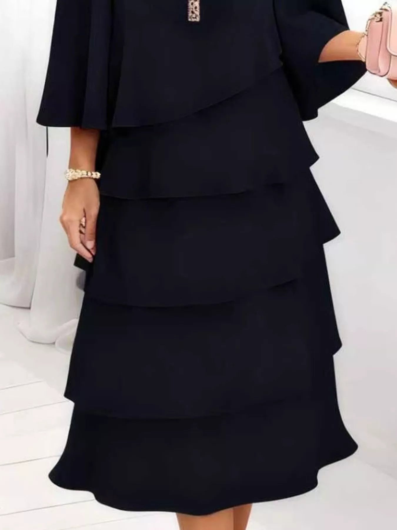 Ruffled Layered 3/4-Sleeve Dress, Plus Size