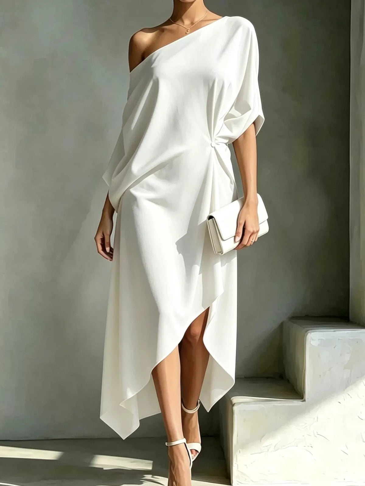 One-Shoulder Asymmetric Hem Midi Dress
