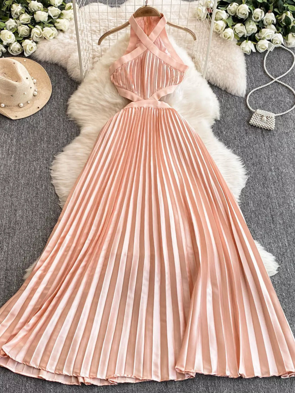 Halter Neck Pleated Maxi Dress in Watermelon Pink
