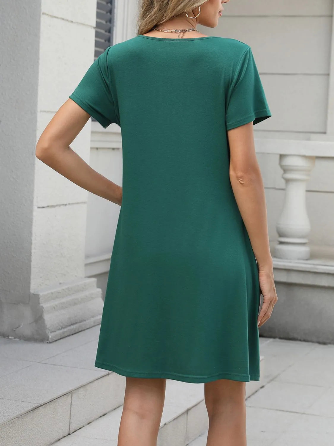 Pleated Round-Neck Swing Dress with Pockets